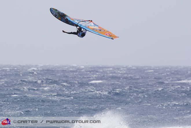 Alex Mussolini one legged back loop - PWA Tenerife World Cup 2013 ©  John Carter / PWA http://www.pwaworldtour.com